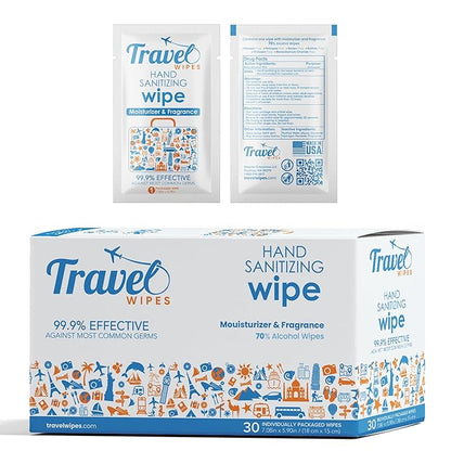 Hand Sanitizing Travel Wipes – 30ct Individually Wrapped | Fresh Citrus Scent, Moisturizing, 70% Alcohol Wipes | Travel, Home, Office, Daily Use | Made in USA