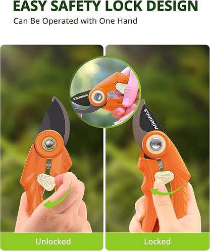 Pruning Shears, Garden Shears - 6.9" Garden Clippers, Gardening Scissors with Rust Resistant SK5 Stainless Steel Blade, Cuts 3X Easier, Weak Hand Arthritis Pruners for Gardening - Orange