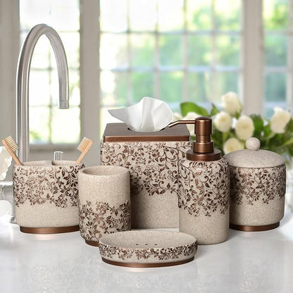 Decozen Bathroom Accessories Set 6Pcs – Soap Dispenser, Toothbrush Holder, Tumbler, Soap Dish & Cotton Swab Jar – Modern Bathroom Decor, Bath Set for Christmas Decor