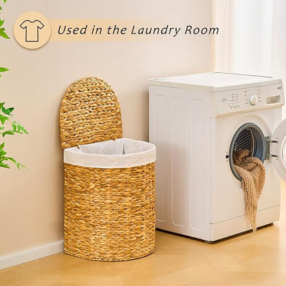 Half Round Wicker Laundry Hamper with Lid and 2 Removable Liner Bags, Handwoven Natural Water Hyacinth Laundry Basket for Dirty Clothes, Natural