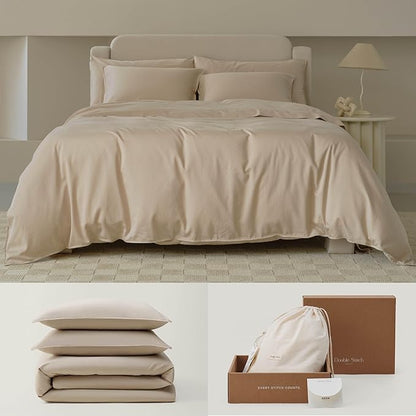 Double Stitch Cotton Tencel Duvet Cover - King Size Comforter Cover, Luxury & Soft Eucalyptus Lyocell Bedding Set for Hot Sleepers, Cooling & Breathable, Button Closure, Sandstone, 106"x90"