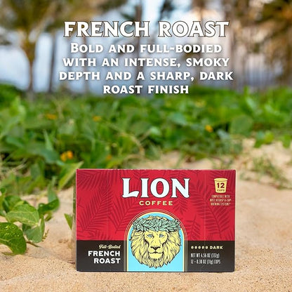Lion Coffee French Roast Coffee Pods - Single-Serve Pods - Bold Dark Roast - Arabica Coffee - Compatible with Single-Serve Brewing Systems - 12 Count Box