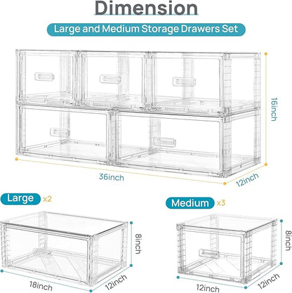 Vtopmart 5-Piece Large & Medium Stackable Drawer Organizer Set, 108QT Clear Storage Cabinet with Easy Assembly, Durable Drawers for Closet, Bedroom, Entryway, Playroom & Apartment Organization