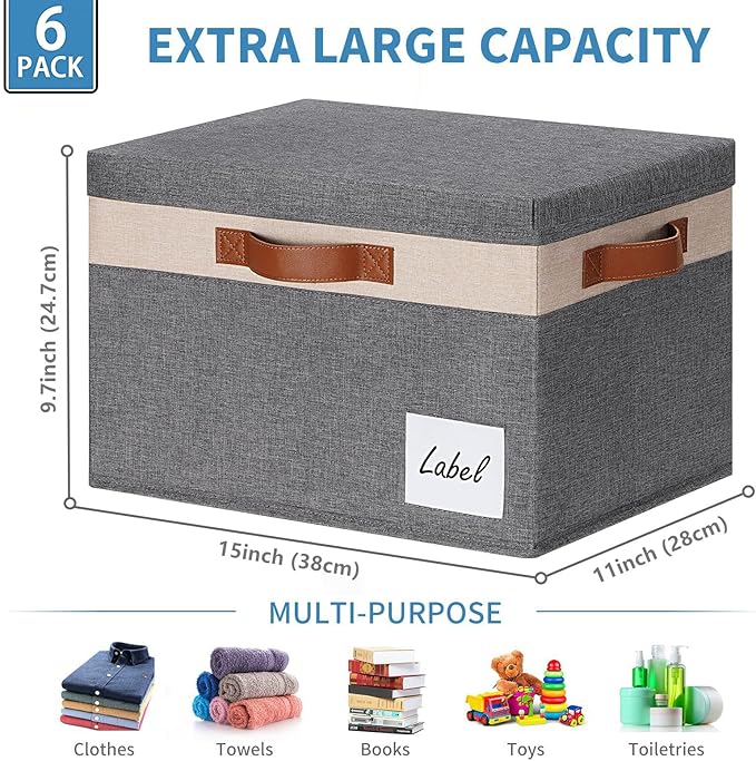 GhvyenntteS Large Storage Bins with Lids 6 Pack, Large Closet Storage Bin with Lid and 3 PU Handles, Foldable Fabric Storage Boxes with Label Window for Home Office (Beige, 15" x 11" x 9.7")