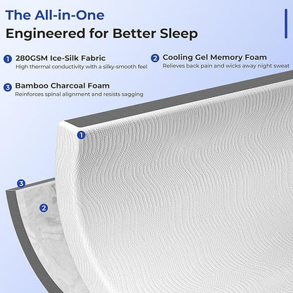 Cooling Mattress Topper Full Size 3 Inch, Cooling Gel & Bamboo Charcoal Memory Foam Mattress Topper for Back Pain Relief, Firm Dual-Layer Foam Bed Pad with Removable Cover