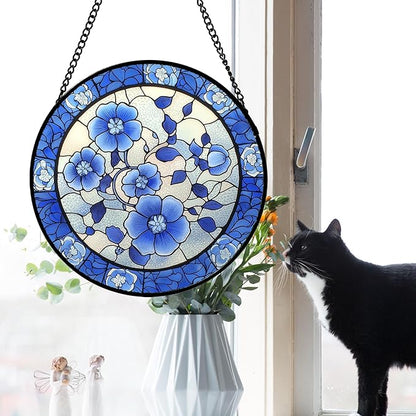 Stained Glass Window Hanging, Blue and White Plum Blossom Sun Catcher for Door Home Decor Flowers Suncatcher Christmas Mother's Day Birthday Gifts for Women Men Mom and Nana 11.8 in