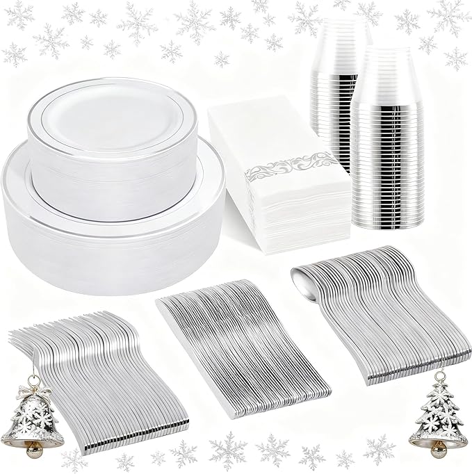 bUCLA 350PCS Silver Plastic Dinnerware Set for 50 Guests - Silver Plates Disposable Include 50 Dinner & 50 Dessert Plates,50 Forks,50 Knives,50 Spoons,50 Cups,50 Napkins for Party & Christmas