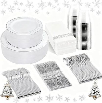bUCLA 350PCS Silver Plastic Dinnerware Set for 50 Guests - Silver Plates Disposable Include 50 Dinner & 50 Dessert Plates,50 Forks,50 Knives,50 Spoons,50 Cups,50 Napkins for Party & Christmas