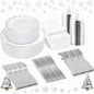 bUCLA 350PCS Silver Plastic Dinnerware Set for 50 Guests - Silver Plates Disposable Include 50 Dinner & 50 Dessert Plates,50 Forks,50 Knives,50 Spoons,50 Cups,50 Napkins for Party & Christmas