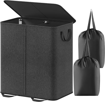 Lifewit Double Laundry Hamper with Lid and Removable Laundry Bags, Large Collapsible 2 Dividers Dirty Clothes Basket with Handles for Bedroom, Laundry Room, Closet, Bathroom, College, 155L Black
