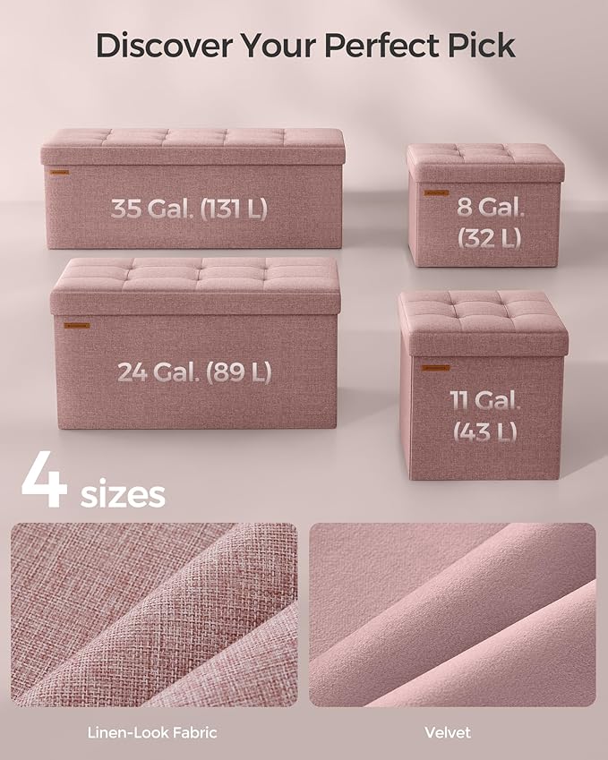 SONGMICS Mazie Collection - 30 Inches Folding Storage Ottoman Bench, Ottoman Foot Rest, End of Bed Bench, Storage Chest, Load 660 lb, for Living Room, Bedroom, Entryway, Jelly Pink ULSF047R11