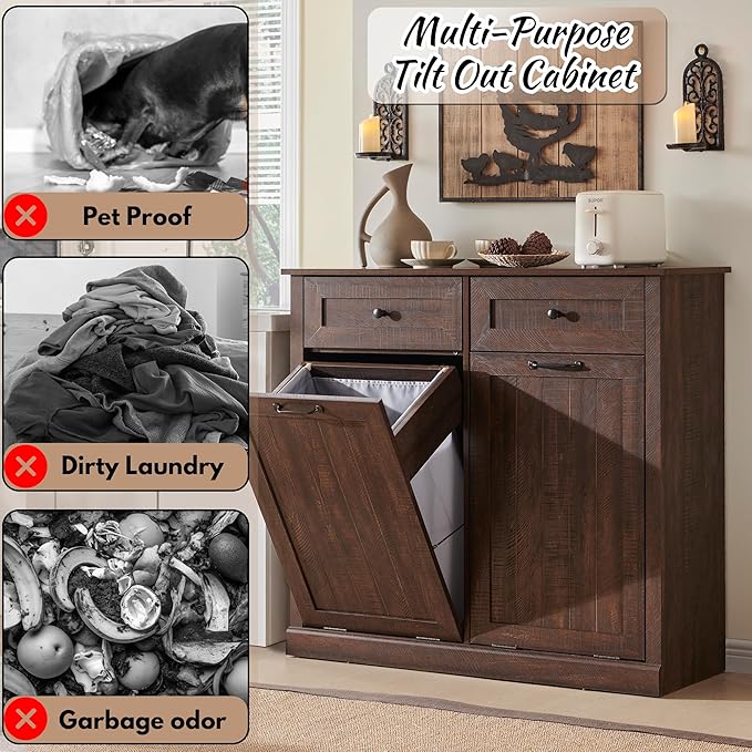 Double Tilt Out Laundry Hamper Cabinet, 20 Gallon Farmhouse Trash Can Cabinet with Drawer, Hidden Wood Garbage Can Bin Cabinet with Laundry Storage Basket for Bathroom, Kitchen, Brown