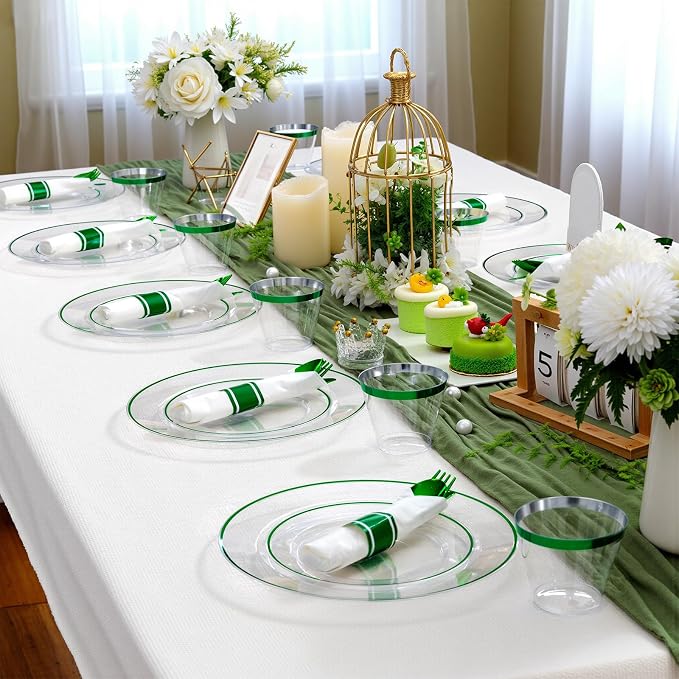 SUT 350 Pcs Green and Clear Plastic Dinnerware Set