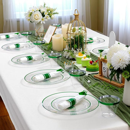 SUT 175 Pcs Green and Clear Plastic Dinnerware Set