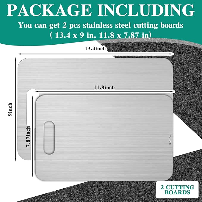 2 Pcs Stainless Steel Cutting Board for Kitchen 304 Steel Chopping Dishwasher Safe Metal Cutting Board Set for Kitchen Meat Fruit Vegetable (13.4"x9",11.8"x7.9")