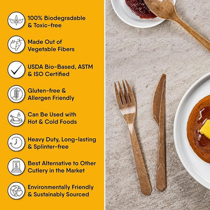 100% Biodegradable Cutlery Made of Vegetable Fibers, 300 PCS of 6.7” Long Heavy-Duty and Splinter Free Eco-Friendly Spoons, Forks & Knives, Perfect Sustainable Cutlery by The Veggie Straws
