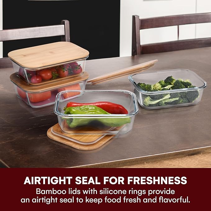 Vdomus Glass Food Storage Containers with Bamboo Lids 36.0oz/1.0L - Stackable Meal Prep Container - Airtight Glass Food Containers - Microwave, Dishwasher Safe - Reusable Lunchbox (Pack of 4)