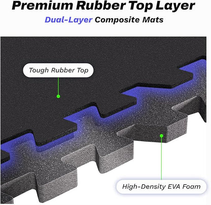 AIRHOP 0.56in Thick 96 Sq Ft Exercise Equipment Mats, 24 Tiles Upgraded Rubber Top with High Density EVA Foam, Large Interlocking Puzzle Gym Flooring for Home Gym, Heavy Weight Workout,Black