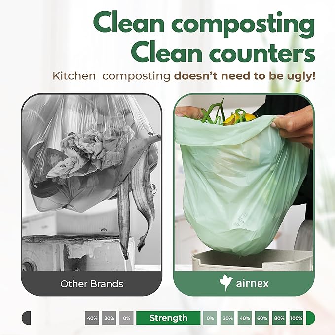 50 Small Compost Bags for Countertop Bin 1.6 Gal - Cornstarch Compost Trash Bags - Leakproof & Tear Resistant Compostable Bags for Kitchen Compost Bin - OK Compost Home & Seedlings Certified