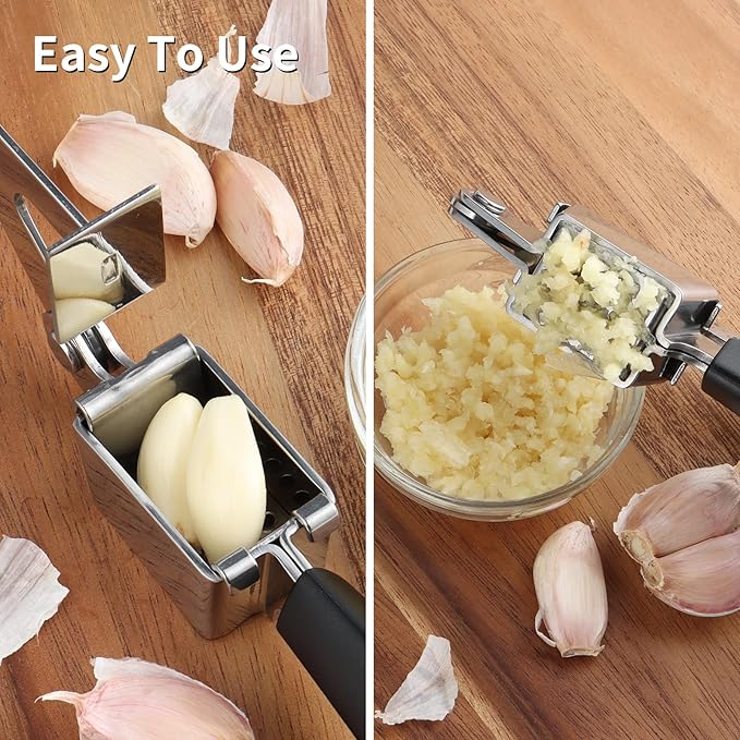 Garlic Press Stainless Steel, Professional Manual Garlic Mincer Garlic Crusher for Kitchen Use, Easy to Squeeze and Clean, Rust Proof and Dishwasher Safe, 8.26-Inch, Black