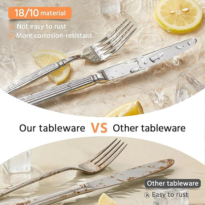 KINGSTONE Silverware Set, 40-Piece 18/10 Stainless Steel Flatware Set - Roman Column Embossed Thick Handle, for Wedding, Home, Restaurant, Kitchen and Party, Mirror Polish & Dishwasher Safe