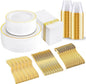 bUCLA 350PCS White and Gold Plastic Plates - Gold Disposable Dinnerware for Include 50 Dinner/Dessert Plates, 50 Forks, 50 Knives, 50 Spoons, 50 Cups & 50 Napkins for Party & Thanksgiving