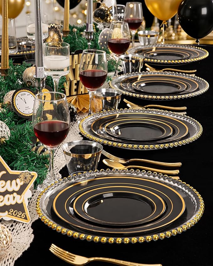 bUCLA 600PCS Black and Gold Disposable Dinnerware Set - Black Plastic Plates Disposable for Party Include 100 Dinner&100 Dessert Plates,100 Knives,100 Forks,100 Spoons,100 Cups for Party & New Year