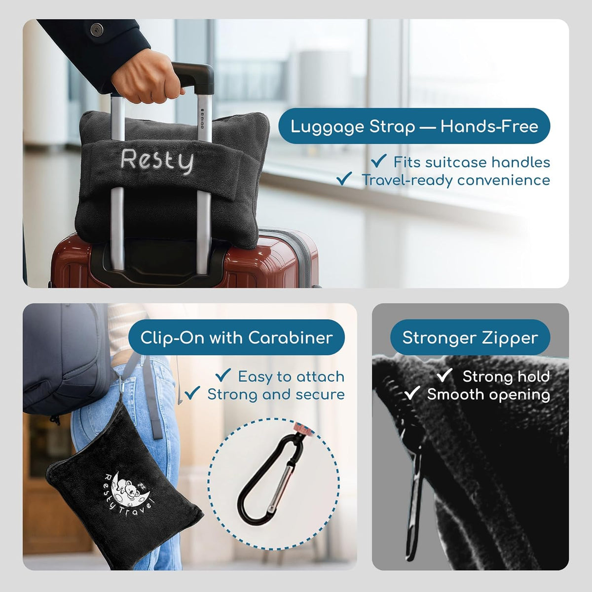 Resty 65"x40" Traveling Airplane Blanket, Onyx Black – Lightweight, Velvety Soft Blanket That Becomes a Travel Pillow – Must-Have Comfort for Planes & Road Trips – Travel Essentials for Women & Men