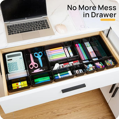 Vtopmart 44 PCS Plastic Drawer Organizers Set, 4-Size Versatile Bathroom and Vanity Organizer Trays, Non-Slip Storage Containers for Makeup, Jewelries, Bedroom，Kitchen Utensils and Office, Black