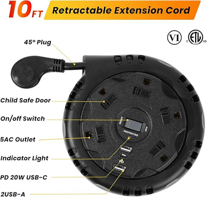 10ft Flat Plug Surge Protector Power Strip, Retractable Extension Cord with Multiple Outlets, 5 AC & 3 USB Charger(1 USB C Port), Desktop Charging Stations for Home/Office/Dorm Room