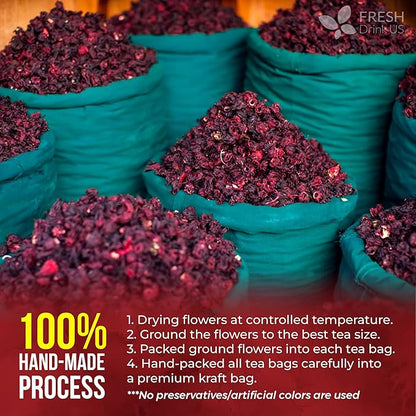 FreshDrinkUS, Premium 140 Hibiscus Flowers Tea Bags, 100% Natural, Handmade & Pure from Hibiscus Flowers. No Sugar/Caffeine/Gluten, Vegan. Tart & Refreshing, Hot or Ice Tea, Great For All Seasons