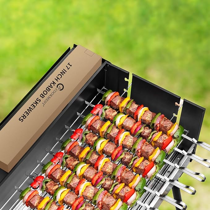 Kabob Skewers 17" Stainless Steel Long BBQ Barbecue Skewers, Flat Metal Kebob Sticks Wide Reusable Grilling Skewers for Meat Chicken,Set of 12 with Storage Bag