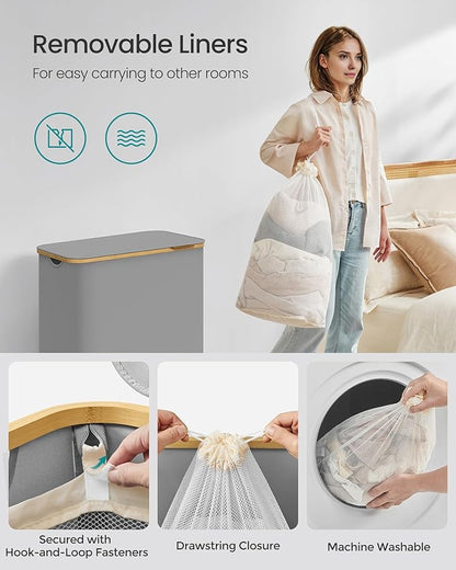SONGMICS Laundry Hamper with Lid, 3-Section Large Laundry Basket, 52.8-gallon (150L), Removable Mesh Liner, Bamboo Handles, Collapsible, 23.6 x 15.2 x 27.8 Inches, Dove Gray ULCB515G01