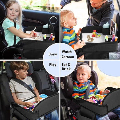 Kids Travel Tray for Toddler Car Seat, Lap Tray for Girl Activities with Dry Erase Board & Cooler Cup Holder, Road Trip Essentials Accessories with No-Drop Large Tablet iPad Holder Stand,2Pc Black