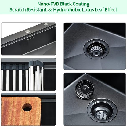 Drop-in Kitchen Sink - Single Bowl Workstation with Cutting Board, 30 x 22 x 10, Gunmetal Black, 16 Gauge Stainless Steel