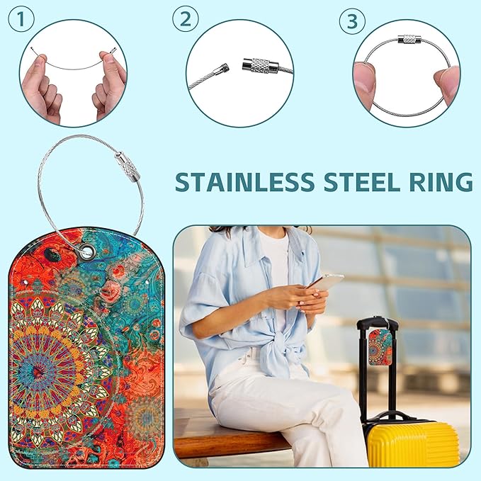 Colorful Mandala Luggage Tag for Suitcase Set of 2 PU Leather Cute Luggage Tags with Stainless Metal Loop ID Label Privacy Flap Suitcase Tags for Women and Men Travel