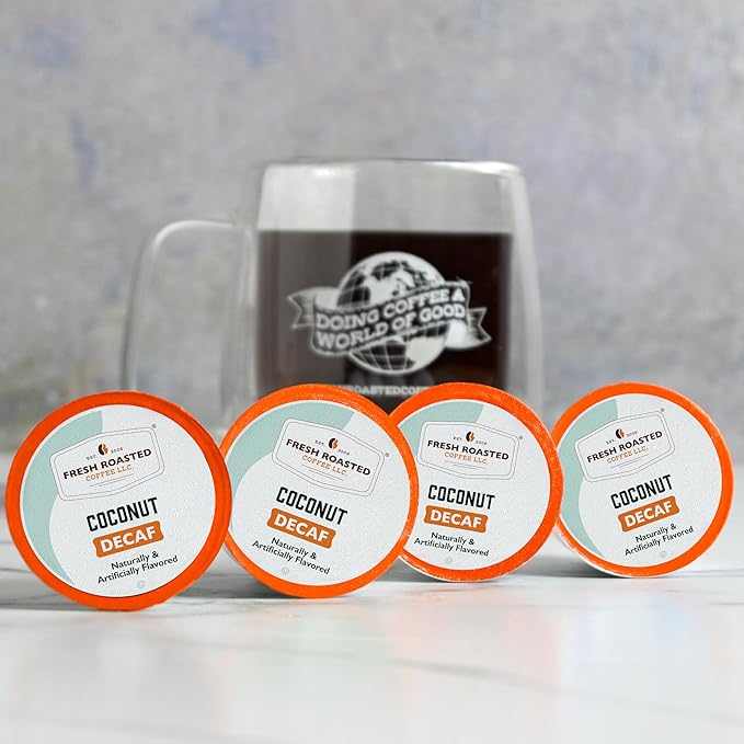 Fresh Roasted Coffee, Decaf Coconut, Flavored Coffee Pods, 24 Count