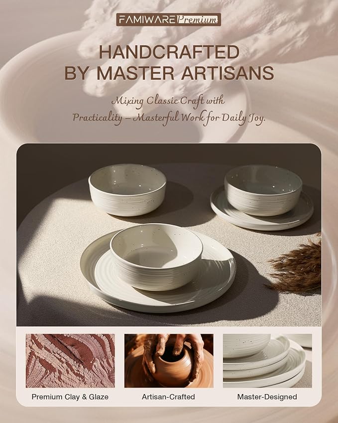 Stoneware Dinnerware Sets for 6, Plates and Bowls, Cream | 18-Piece Ceramic