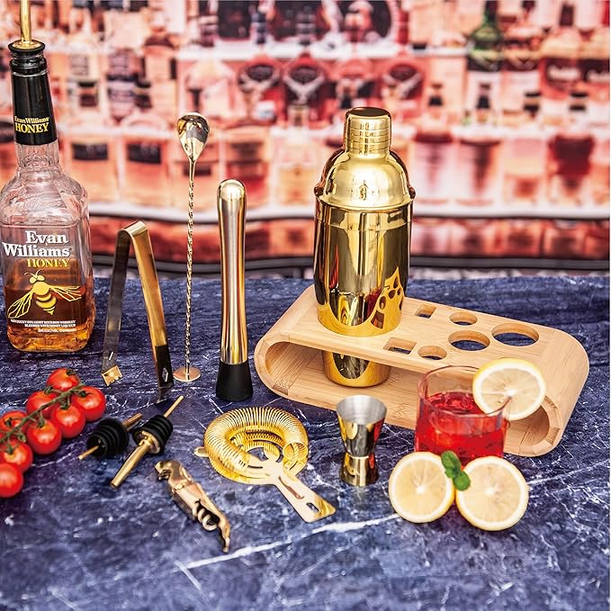 10-Pcs Martini Cocktail Shaker Set Gold,Martini Set Stainless Steel Shakers Bartending kit 25oz Bar Kits Bar Tool Sets for Professional Bartender and Home