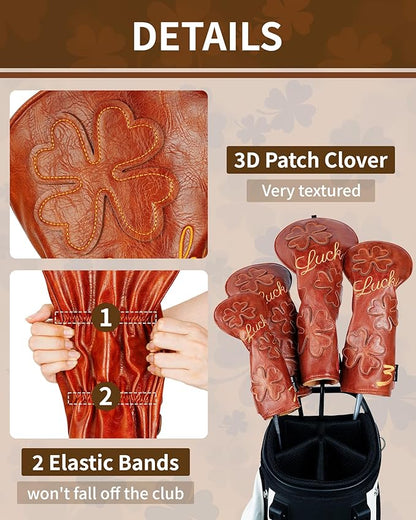 Golf Headcovers Golf Club Head Covers Four Leaf Clover Good Luck Charm - Clover Style Premium Leather Driver Fairway(FW) Wood Hybrid(UT) with Number Tags
