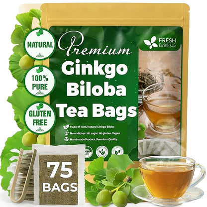 FreshDrinkUS, Premium 75 Ginkgo Biloba Leaf Tea Bags, 100% Natural & Pure from Ginkgo Biloba Leaves. Loose Leaf Herbal Tea. Made with Eco-Conscious Tea Bags. No Sugar, No Caffeine, No Gluten, Vegan.