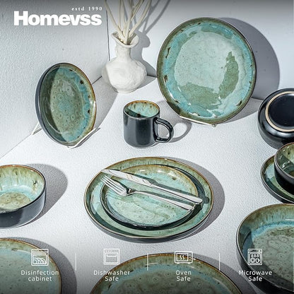 HomeVss 20-Piece Dinnerware Set - Serves 4, Reactive Glaze Bubble Green Plates & Bowls Set | Microwave & Dishwasher Safe Dishes Set