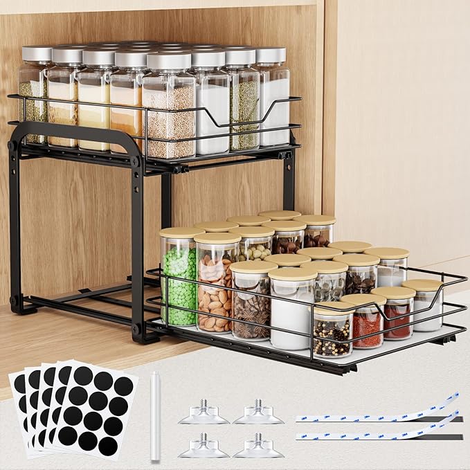 Spice Rack Organizer for Cabinet, 2 Tier Vertical Pull Out Spice Rack – Heavy Duty Metal Spice Organization for Cabinet, 40-Jar Capacity, Height Adjustable Cabinet Organizer (9"W×10.5"D×9"H, Black)