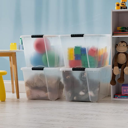 IRIS USA 54 Qt Stackable Plastic Storage Bins with Lids, 4 Pack - BPA-Free, Made in USA - See-Through Organizing Solution, Latches, Durable Nestable Containers, Secure Pull Handle - Clear