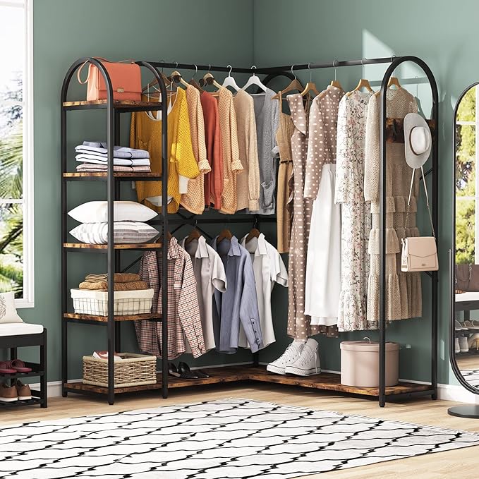 Tribesigns L Shape Clothes Rack, Corner Garment Rack with Storage Shelves and Hanging Rods, Space-Saving Large Open Wardrobe Closet for Bedroom