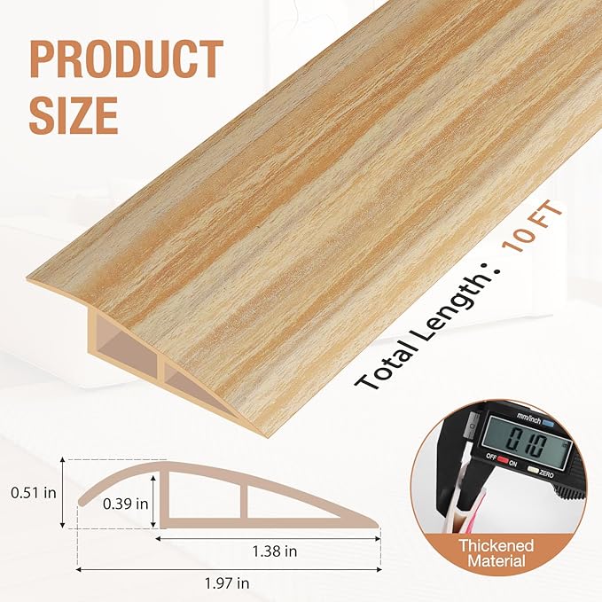 Floor Transition Strip Self Adhesive Vinyl Door Threshold for Doorways Carpet Edging Trim Overlap Edge Reducer for Laminate Floor, Carpet, Tile (Light Yellow Wood Grain, 1/5" to 2/5", 10Ft)