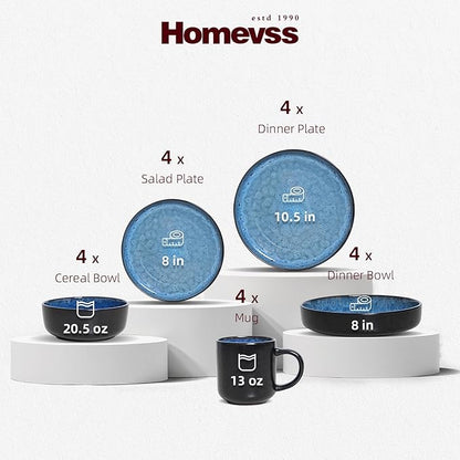 HomeVss 20-Piece Dinnerware Set - Serves 4, Reactive Glaze Bubble Blue Plates & Bowls Set | Microwave & Dishwasher Safe
