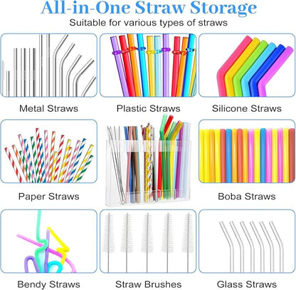 9.8" Large Acrylic Straw Holder for Cabinet Door with Ultra Sticky Double Sided Adhesive Tape, Reusable Straws Organizer, Transparent Storage Dispenser for Kitchen Counter Cupboard (2 Pcs)