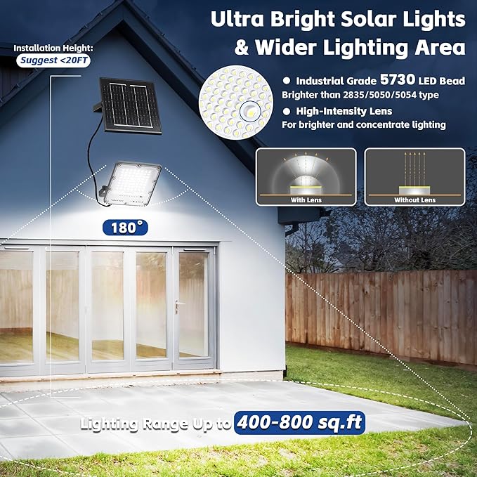 100W Solar Flood Light Outdoor Waterproof, 24000LM 6500K LED Solar Street Light