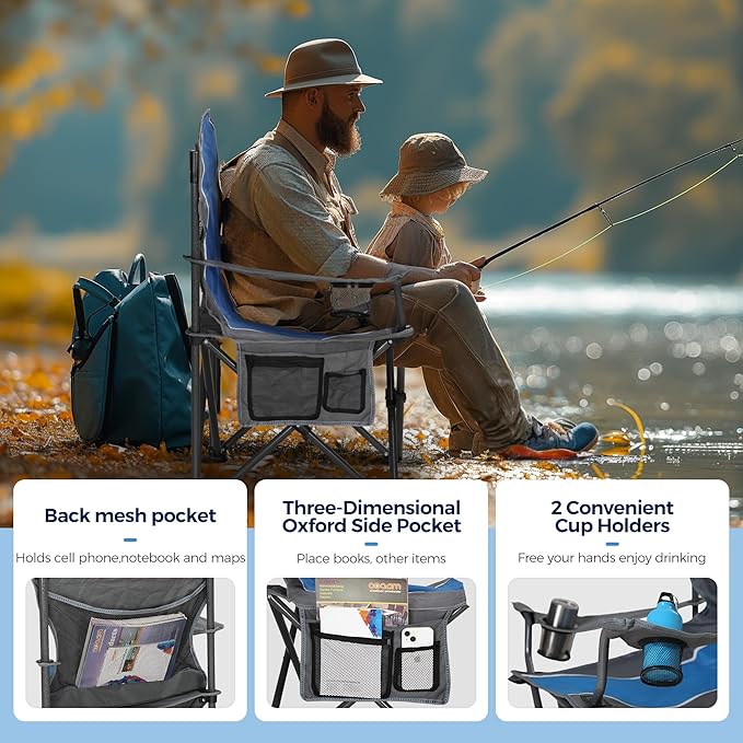 ALPHA CAMP Oversized Camping Folding Chair - Heavy Duty Steel Frame Support 350 LBS, Collapsible Padded Arm With Cup Holder, Quad Lumbar Back, Portable for Outdoor/Indoor